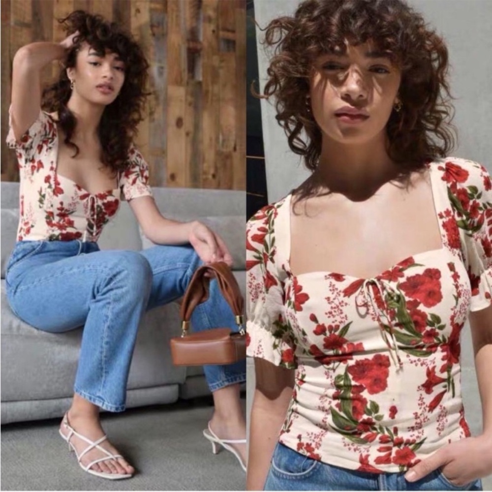 Reformation Cream Floral Sweetheart Top with Red Roses